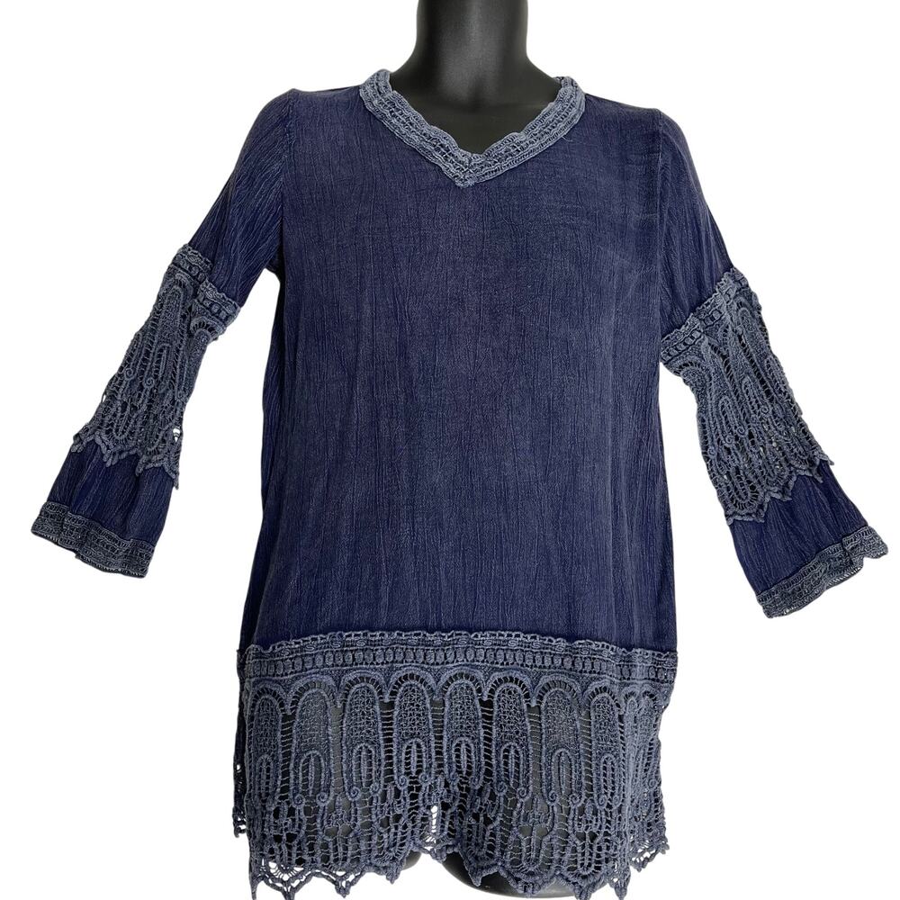Shoreline Top Womens Size S Blue V-Neck Blouse Long Sleeves Boho Festival Tunic